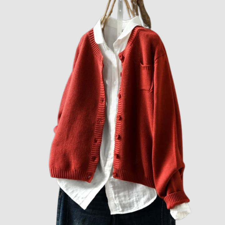 Red Cardigan Waffle Knit Button Front