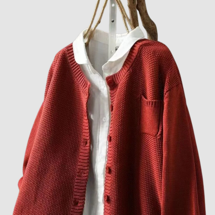 Red Cardigan Waffle Knit Button Front