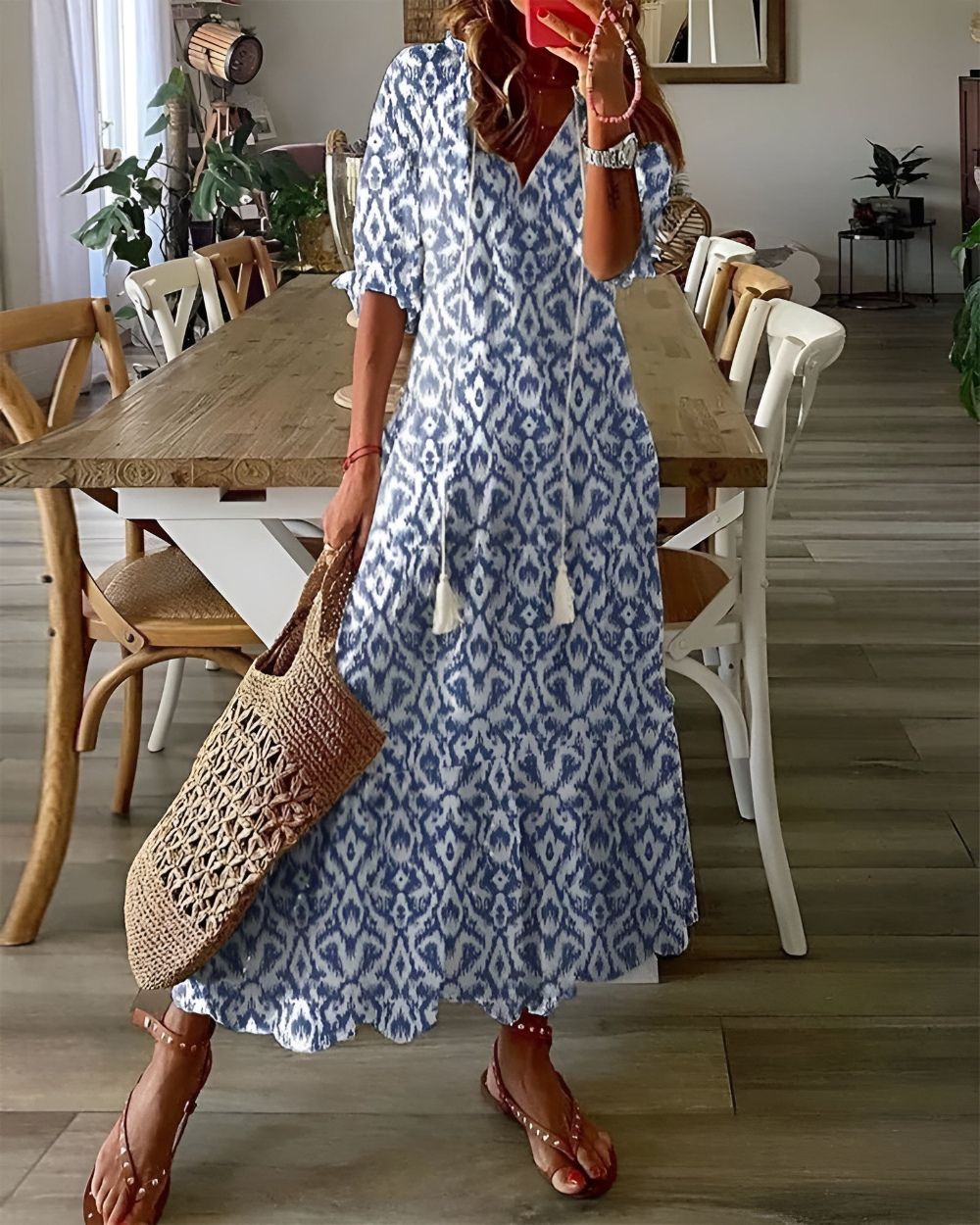 Queenie | Women's Ikat Tassel Tie Fall Brunch Dress