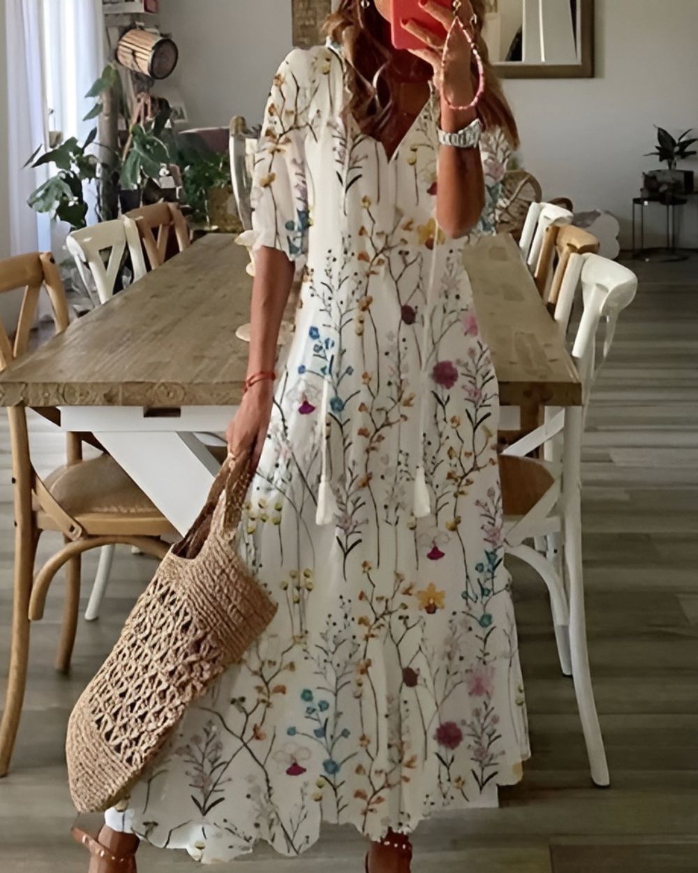 Queenie | Women's Ikat Tassel Tie Fall Brunch Dress
