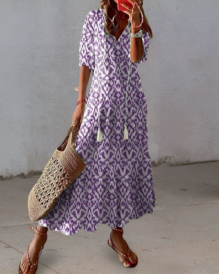 Queenie | Women's Ikat Tassel Tie Fall Brunch Dress