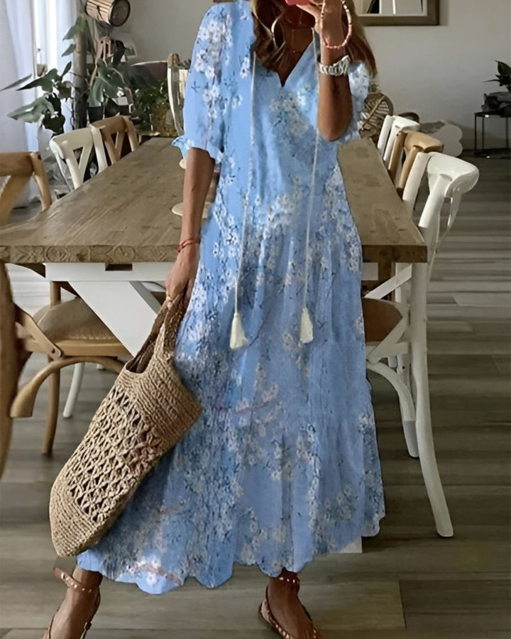 Queenie | Women's Ikat Tassel Tie Fall Brunch Dress
