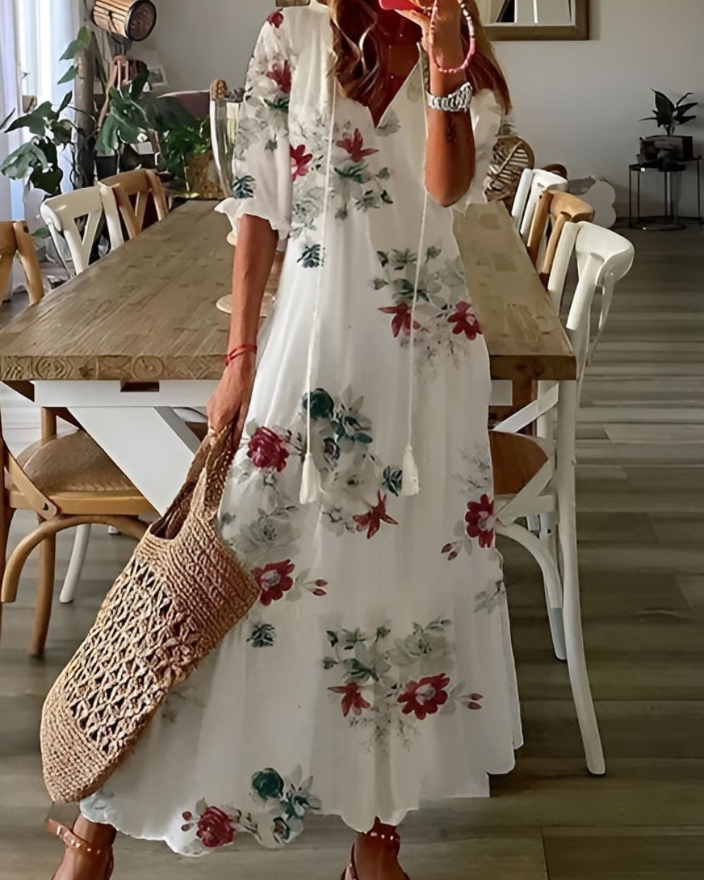 Queenie | Women's Ikat Tassel Tie Fall Brunch Dress