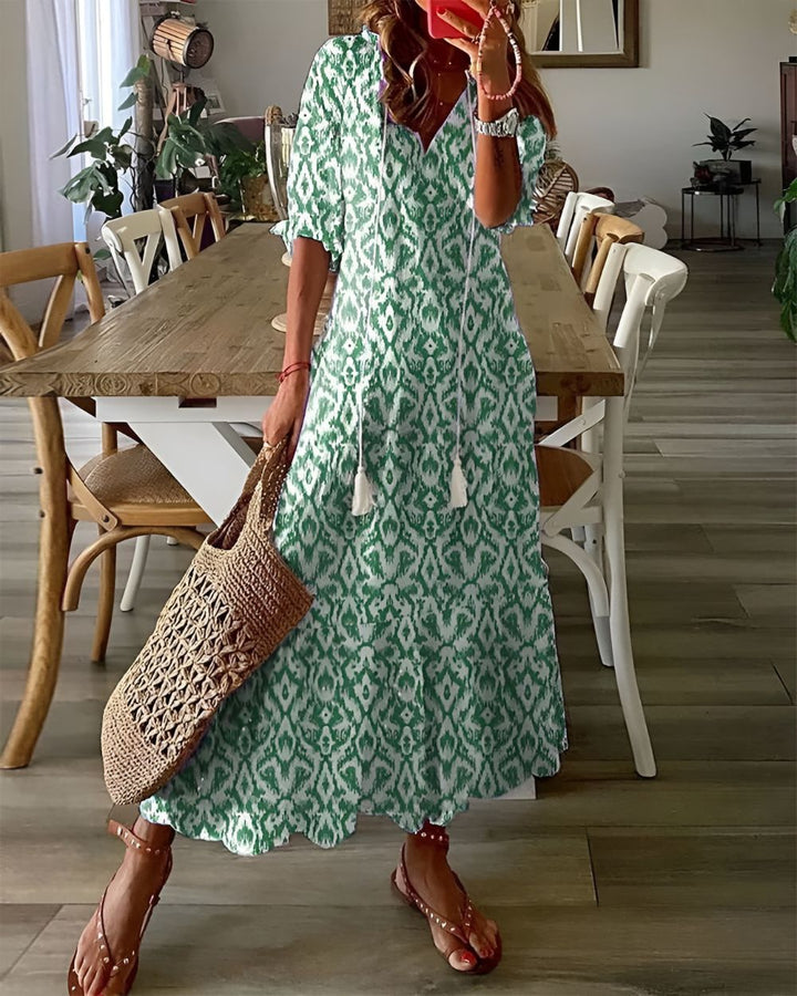 Queenie | Women's Ikat Tassel Tie Fall Brunch Dress