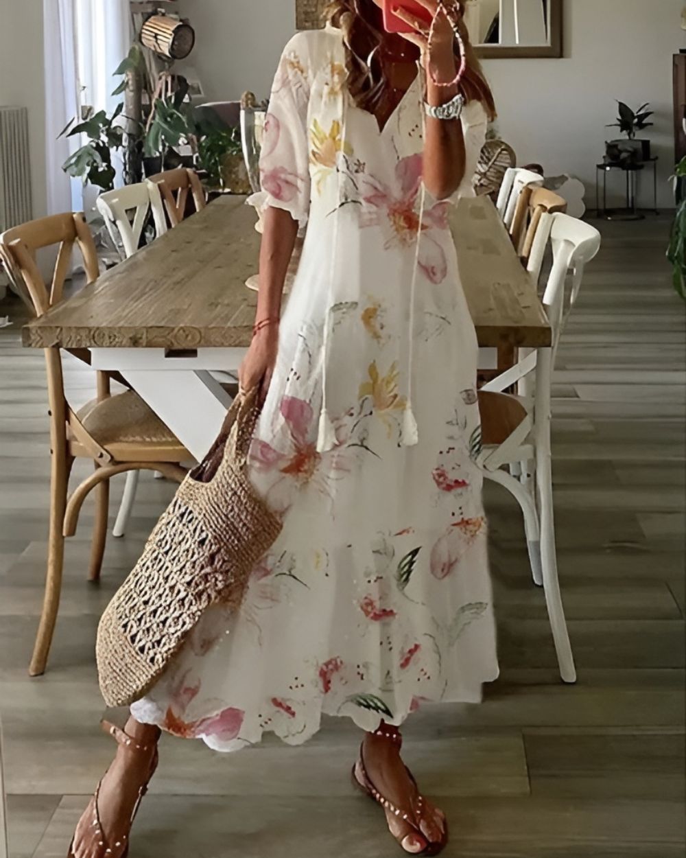 Queenie | Women's Ikat Tassel Tie Fall Brunch Dress