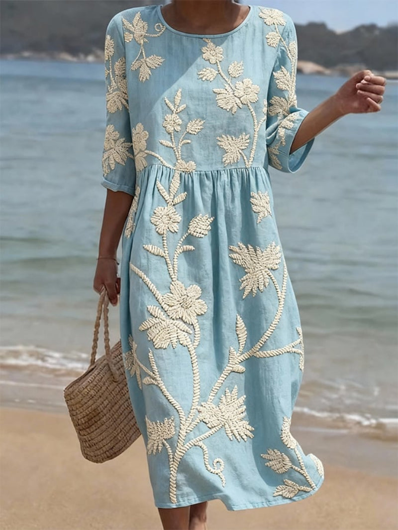 Maxi Dress Floral Embroidery Elbow Sleeve