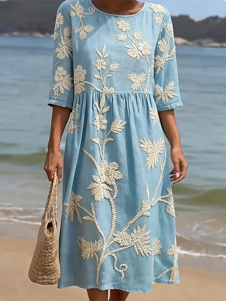 Maxi Dress Floral Embroidery Elbow Sleeve