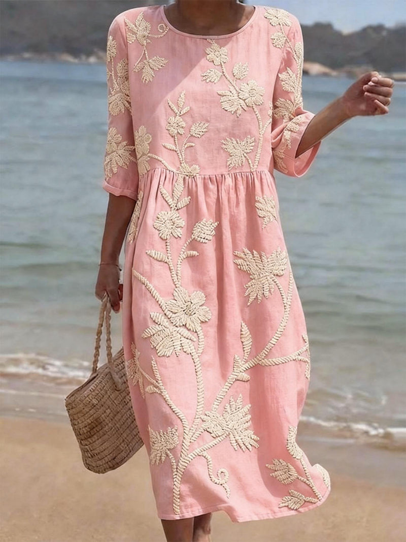 Maxi Dress Floral Embroidery Elbow Sleeve