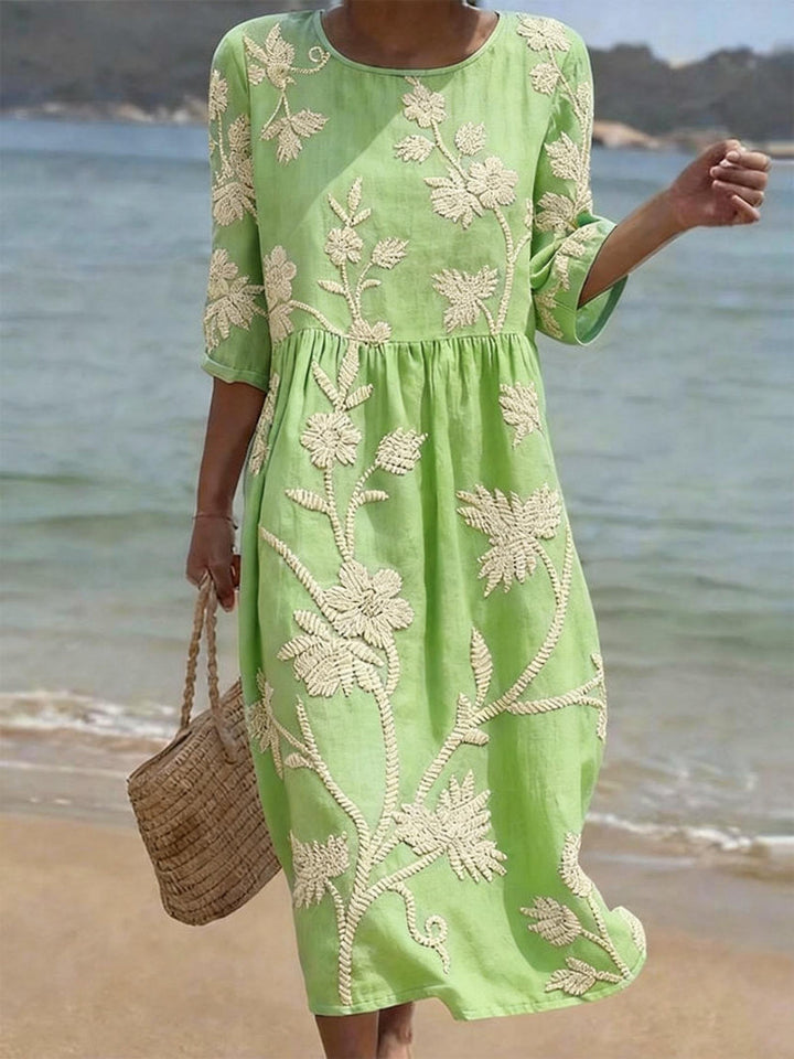 Maxi Dress Floral Embroidery Elbow Sleeve