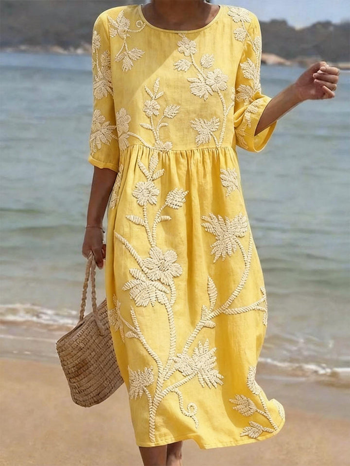 Maxi Dress Floral Embroidery Elbow Sleeve