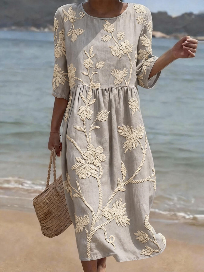 Maxi Dress Floral Embroidery Elbow Sleeve