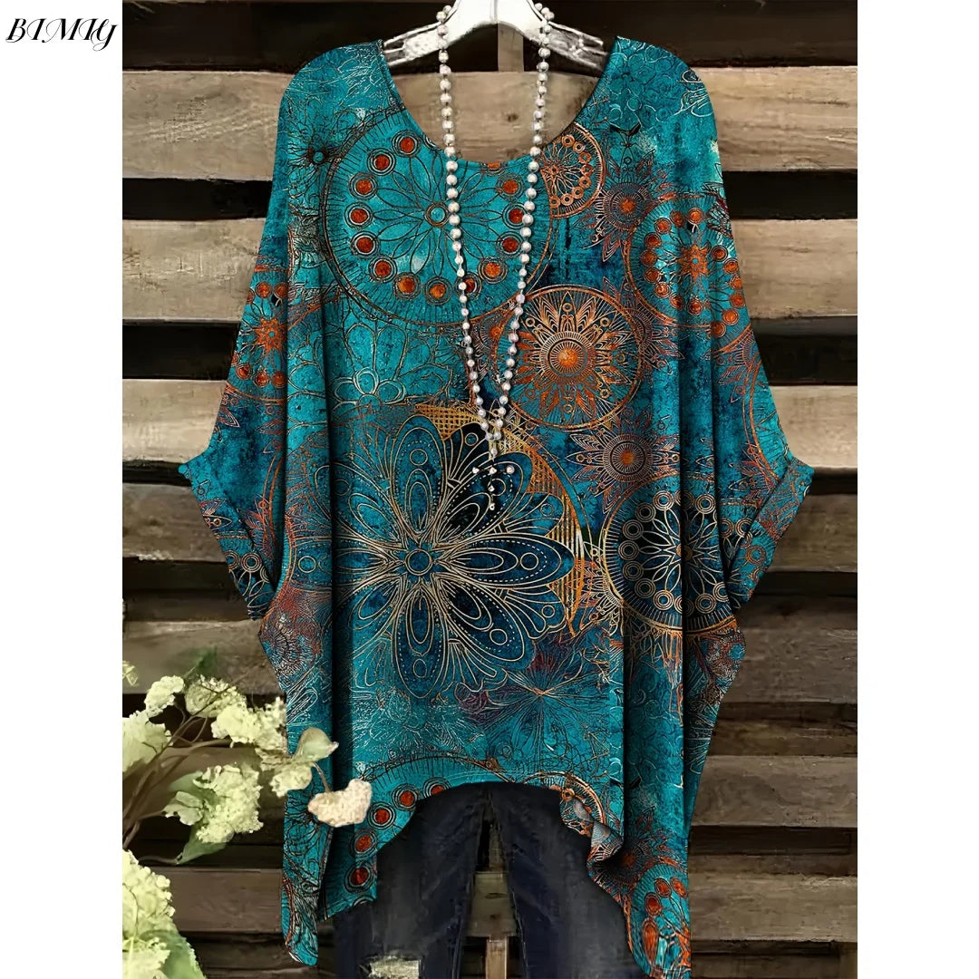 Hope | Women's Floral Crew Neck Short Sleeve Bohemian Tunic