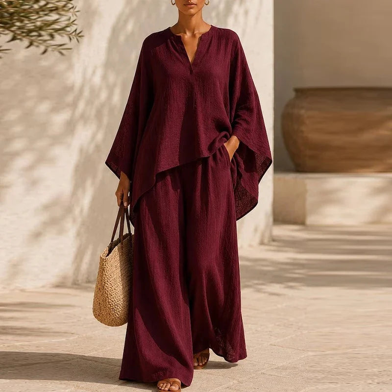 Elegant Two Piece Set for Women with V Neck Long Sleeve Elastic Waist Plus Size Flowy Casual Style