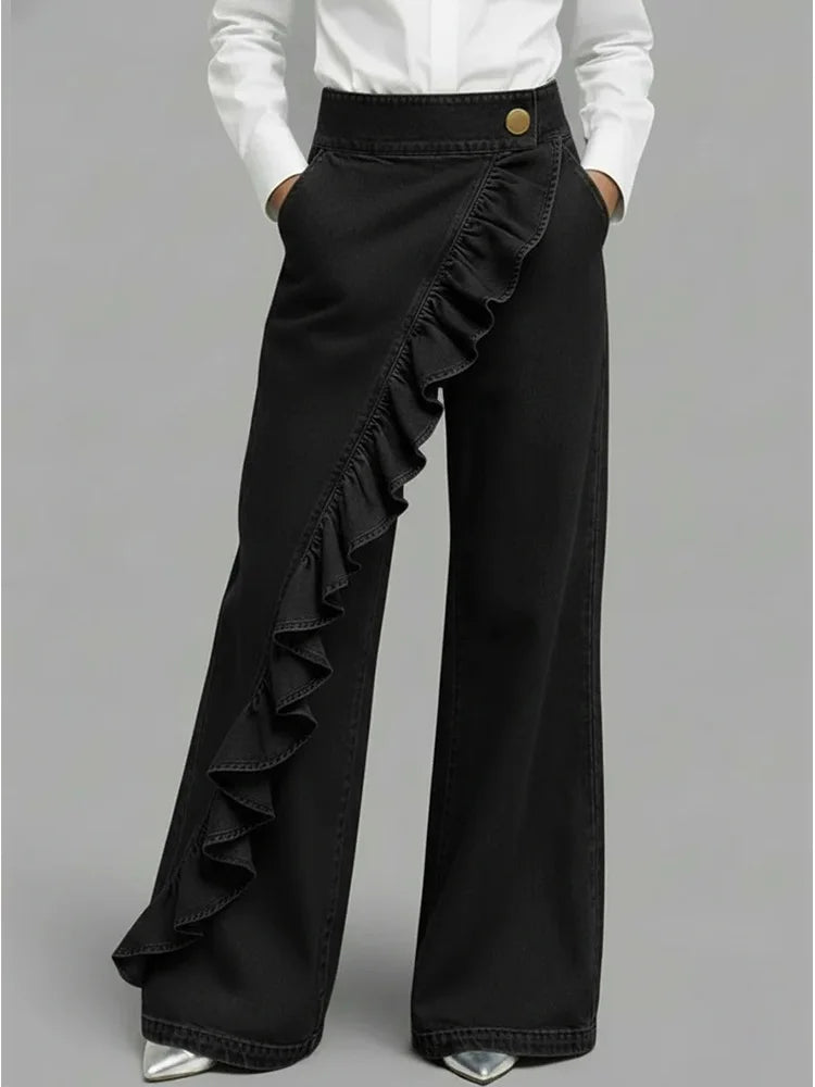Lyla | Women's Denim Wide Leg Ruffle Casual Relaxed Jeans