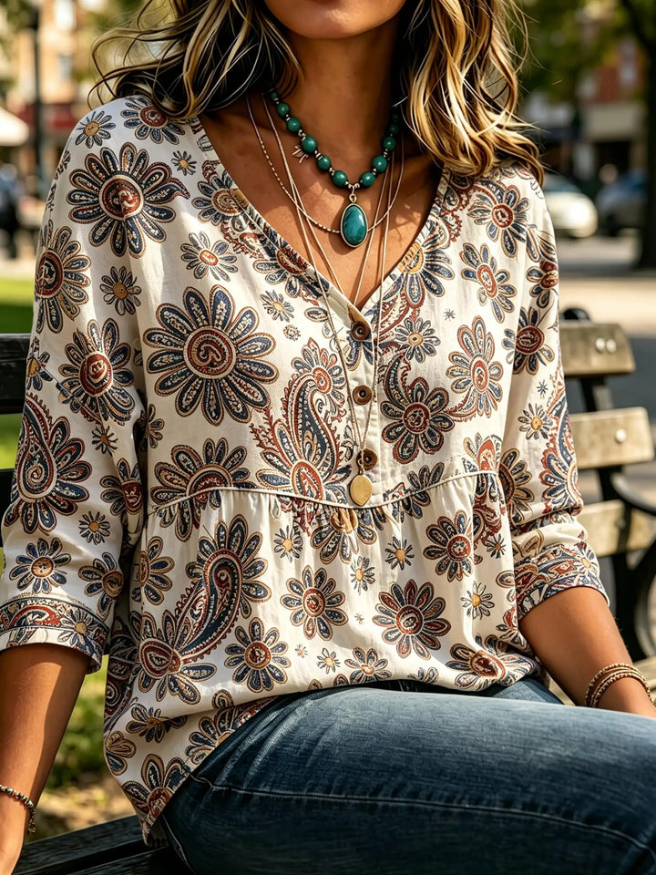 Michelle | Women's Paisley V Neck Elbow Sleeve Button Front Bohemian Blouse