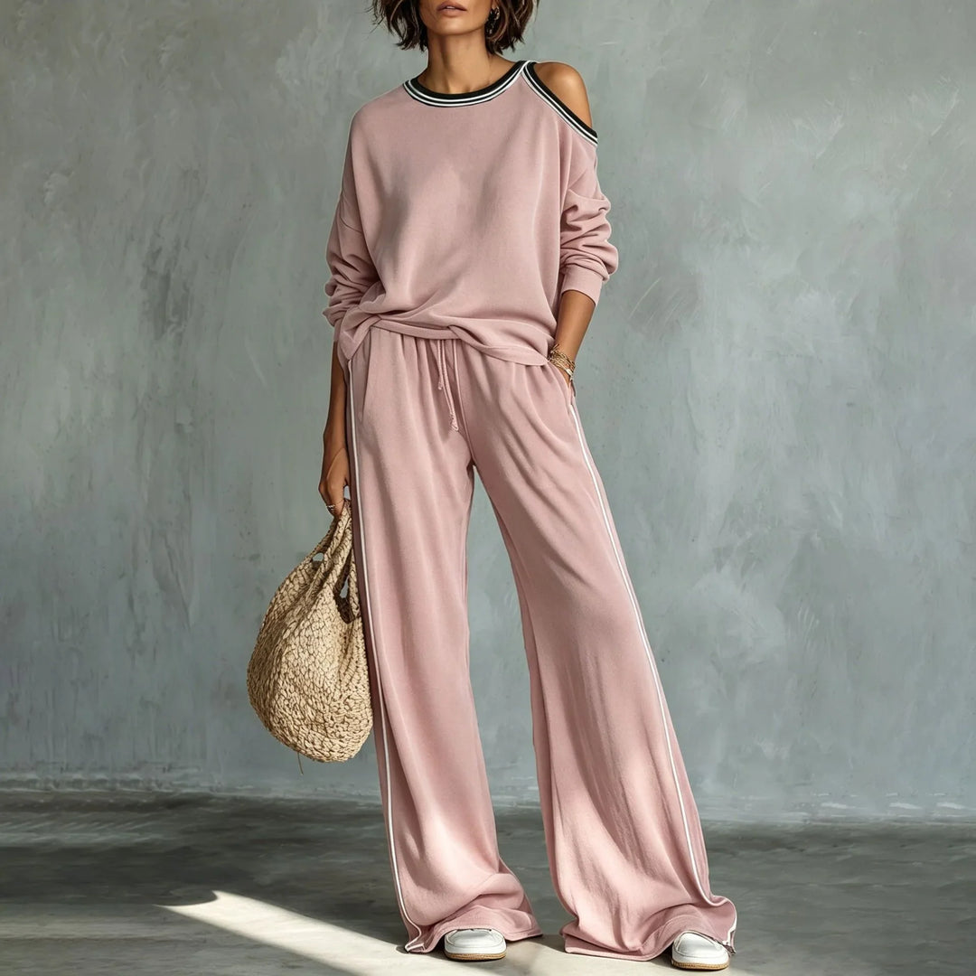 Elegant Striped Two Piece Set for Women with Cold Shoulder Elastic Waist Plus Size Flowy Casual Style