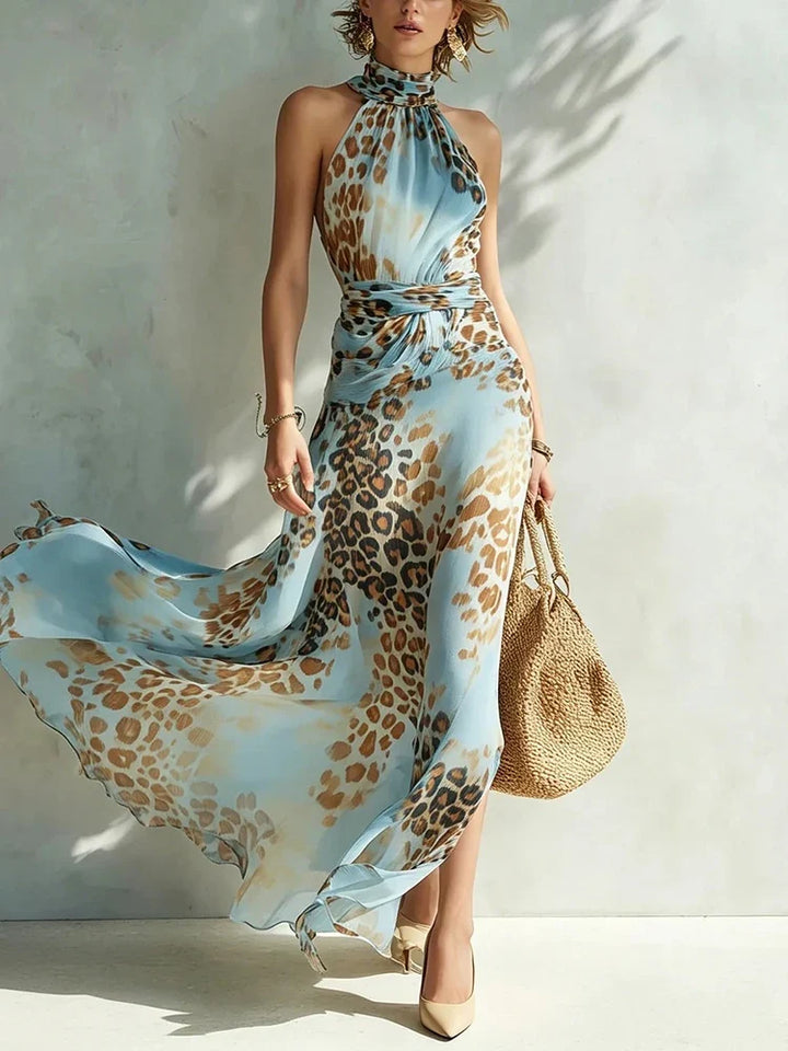 Malia | Women's Blue Animal Print Halter Neck Slit Vacation Maxi High Waisted Dress