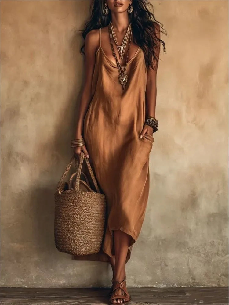 Evangeline | Women's Cowl Neck Sleeveless Flowy Skirt Casual Midi Dress