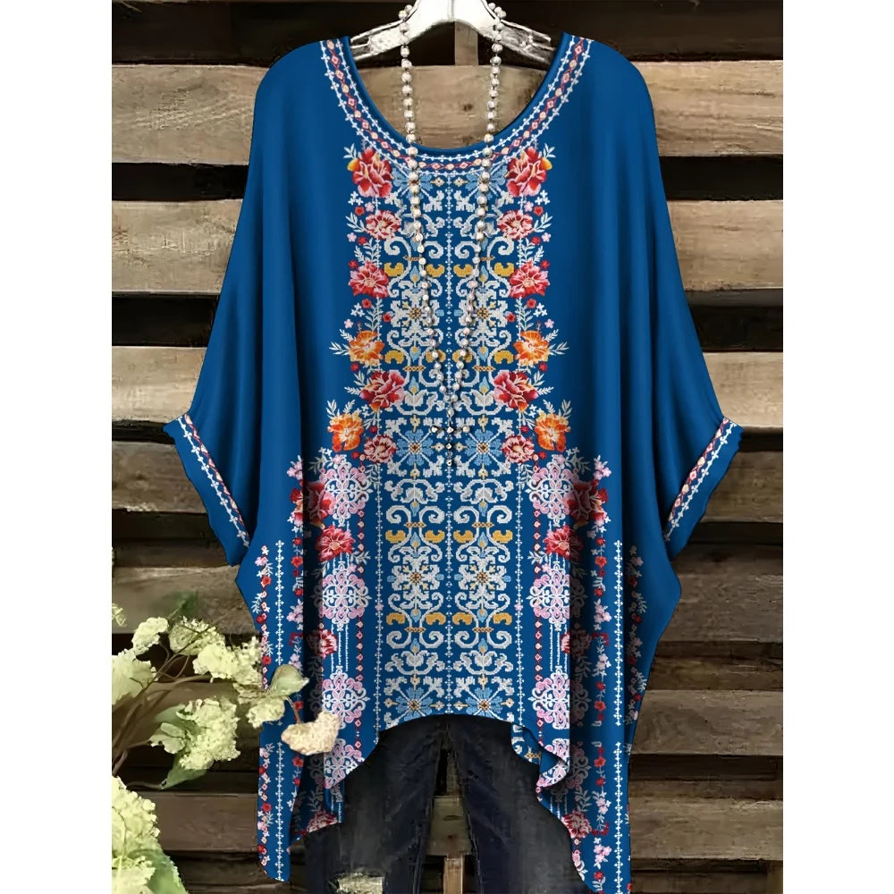 Hope | Women's Floral Crew Neck Short Sleeve Bohemian Tunic