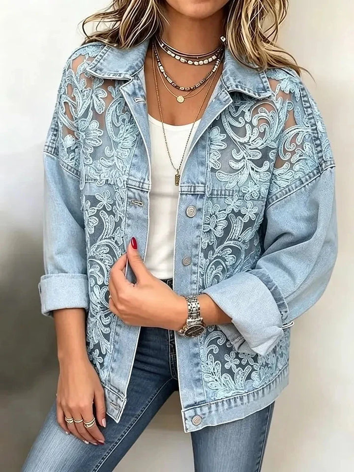 Hallie | Women's Blue Lace Collared Button Front Casual Denim Jacket