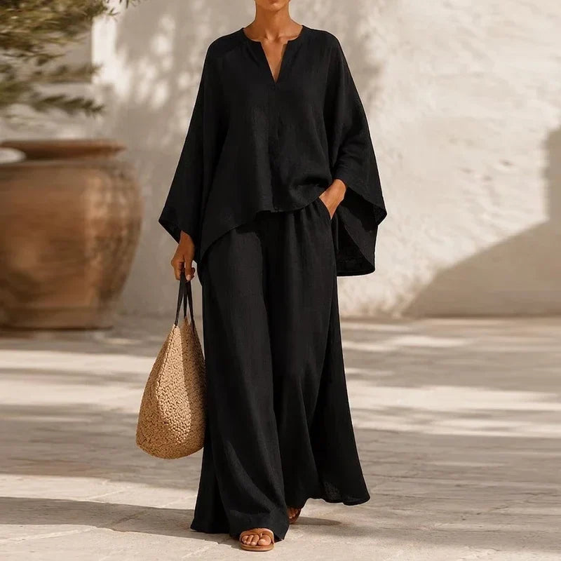Elegant Two Piece Set for Women with V Neck Long Sleeve Elastic Waist Plus Size Flowy Casual Style