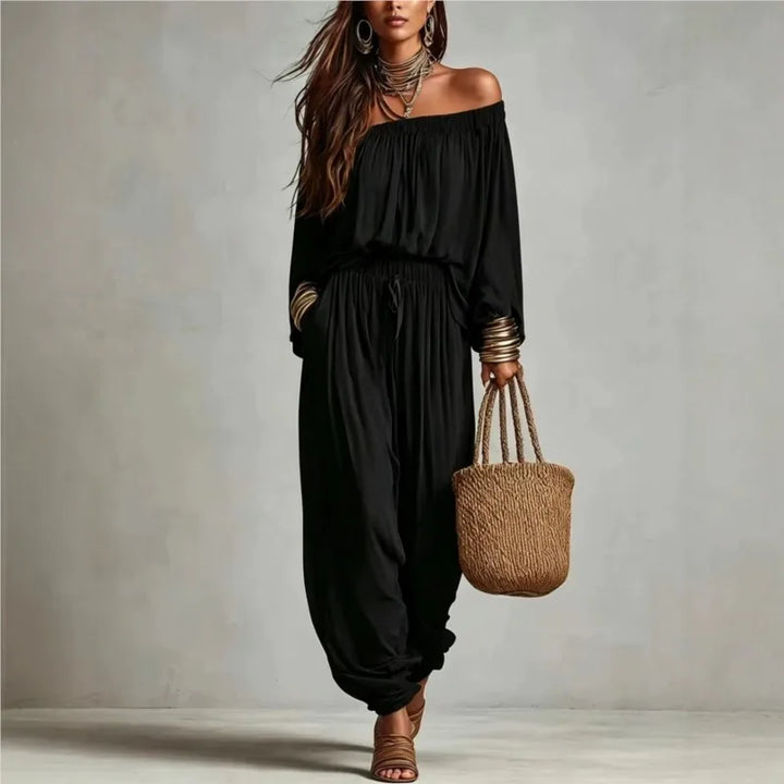 Elegant Two Piece Set for Women with Off Shoulder Long Sleeve High Waisted Plus Size Flowy Casual Style