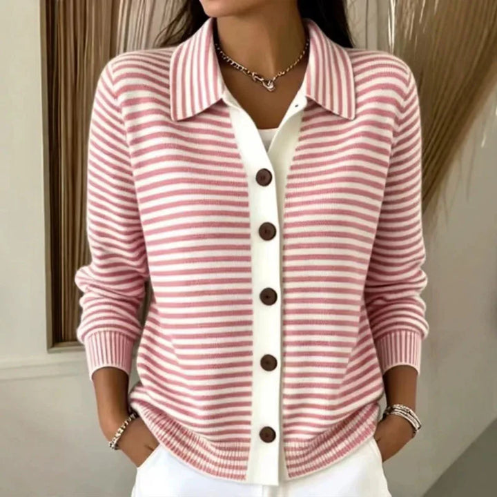 Deborah | Women's Striped Collared Button Front Casual Cardigan
