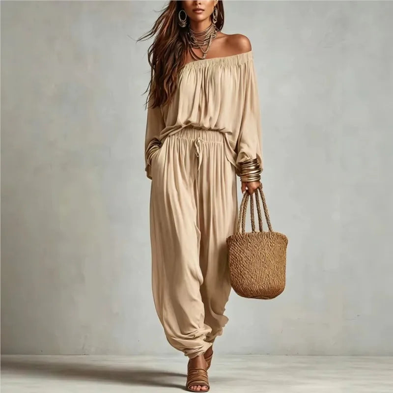 Elegant Two Piece Set for Women with Off Shoulder Long Sleeve High Waisted Plus Size Flowy Casual Style