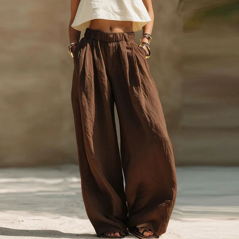 Stylish Wide Leg Trousers for Women with Pockets Breathable Elastic Waist Flowy Casual Style
