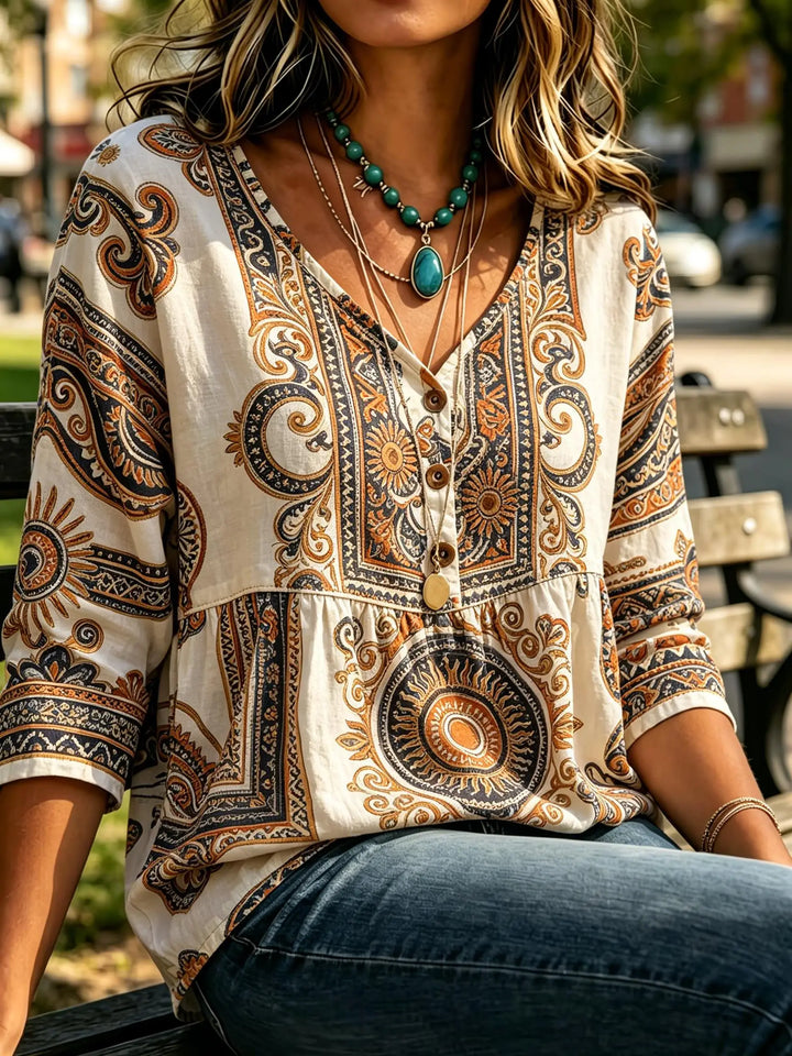 Michelle | Women's Paisley V Neck Elbow Sleeve Button Front Bohemian Blouse