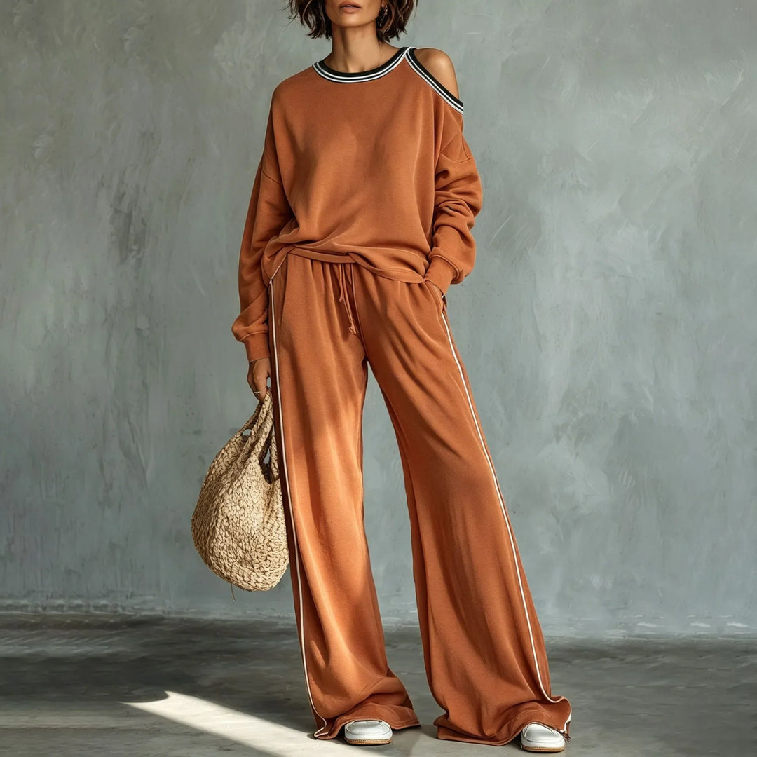 Elegant Striped Two Piece Set for Women with Cold Shoulder Elastic Waist Plus Size Flowy Casual Style