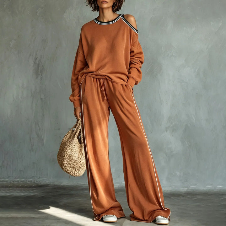 Elegant Striped Two Piece Set for Women with Cold Shoulder Elastic Waist Plus Size Flowy Casual Style