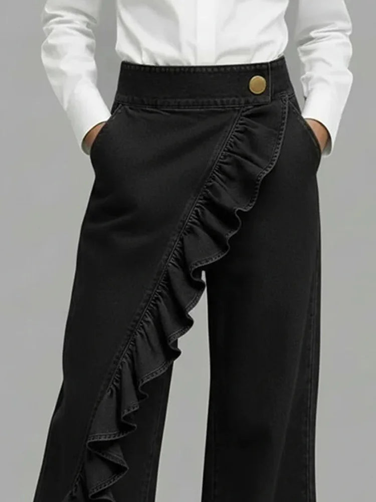 Lyla | Women's Denim Wide Leg Ruffle Casual Relaxed Jeans