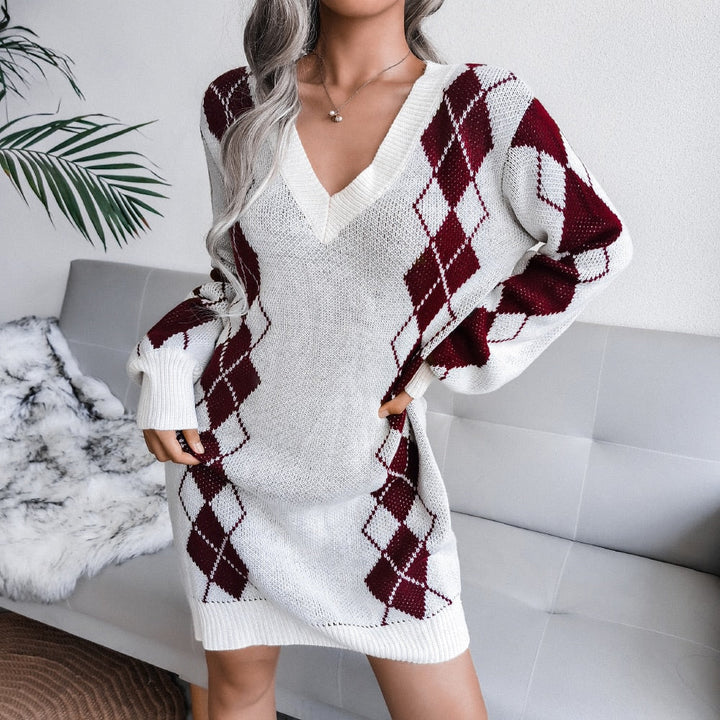 Nellie | Women Argyle Knit Long Sleeve Dress