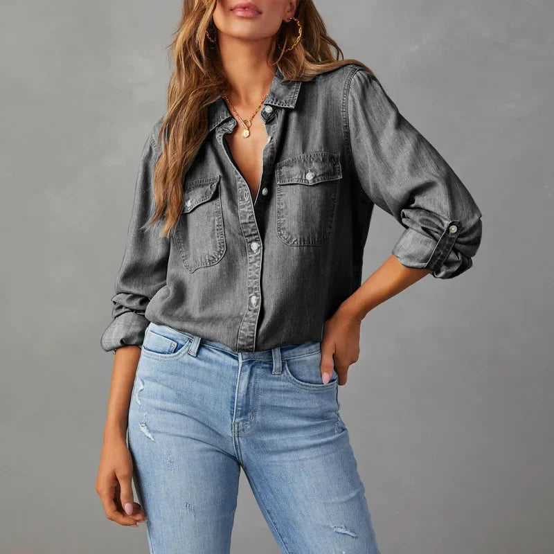 Katherine | Women's Denim Collared Pockets Casual Button Down Button Front Shirt