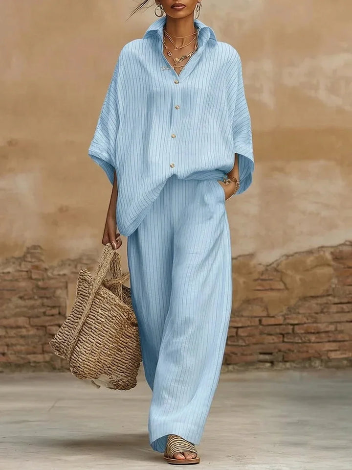 Elegant Two Piece Set for Women with Collared Button Front Pockets Plus Size Flowy Casual Style