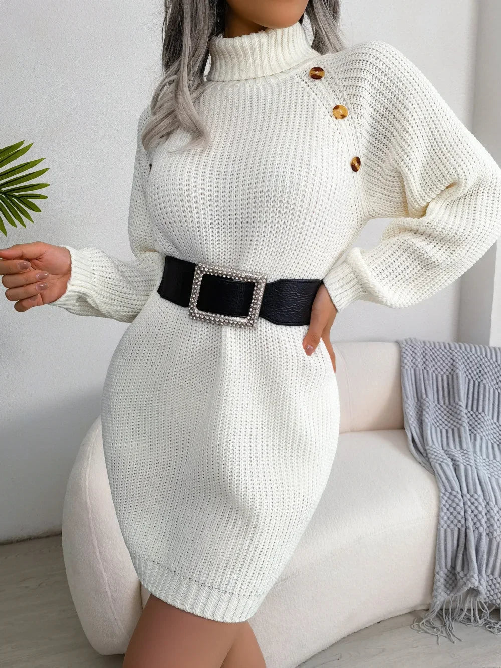 Keely | Women's Ribbed Turtleneck Button Mini Sweater Dress