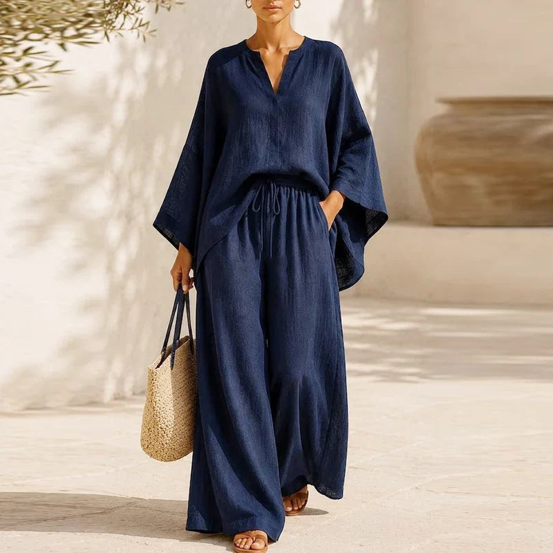 Elegant Two Piece Set for Women with V Neck Long Sleeve Elastic Waist Plus Size Flowy Casual Style