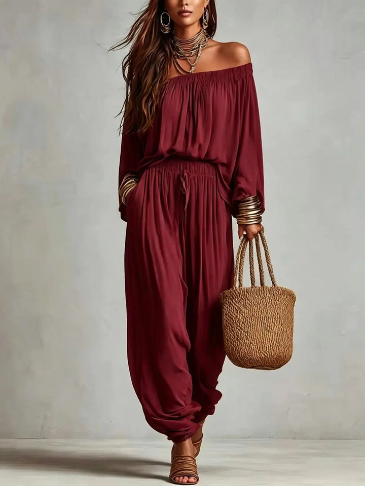 Elegant Two Piece Set for Women with Off Shoulder Long Sleeve High Waisted Plus Size Flowy Casual Style