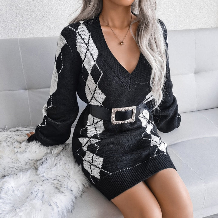 Nellie | Women Argyle Knit Long Sleeve Dress