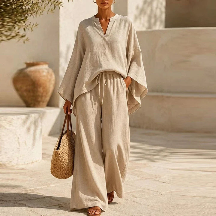 Elegant Two Piece Set for Women with V Neck Long Sleeve Elastic Waist Plus Size Flowy Casual Style