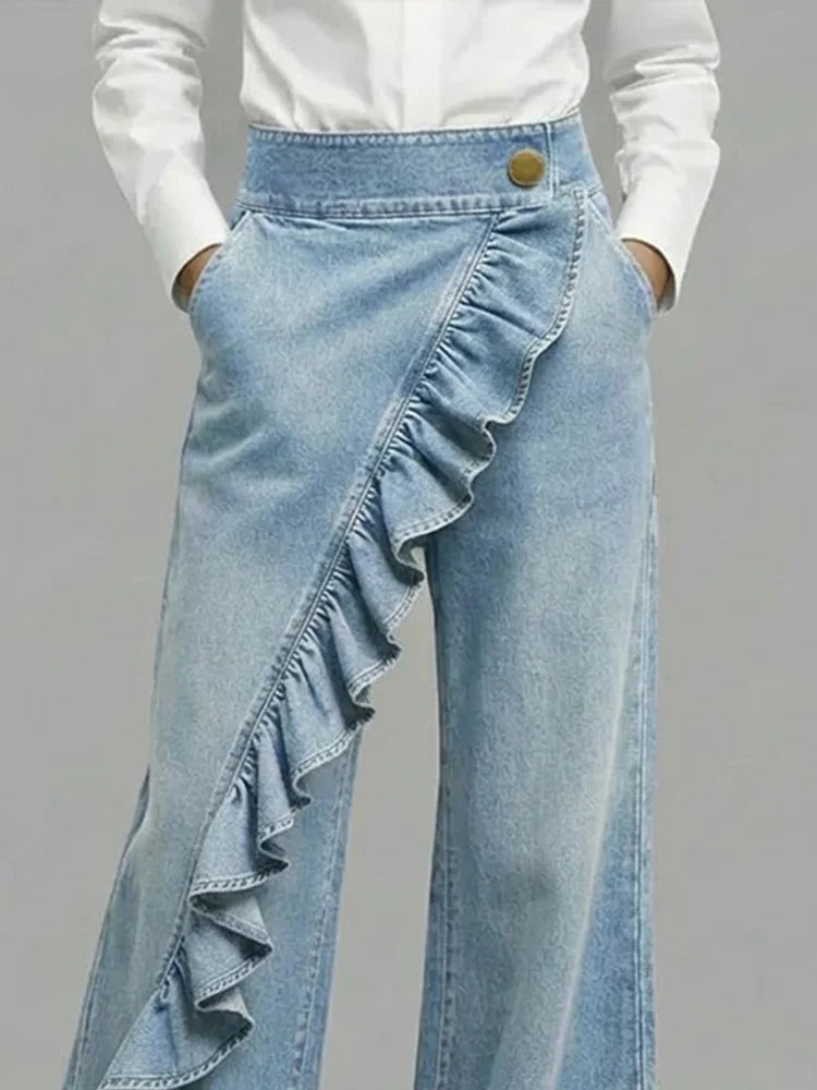 Lyla | Women's Denim Wide Leg Ruffle Casual Relaxed Jeans