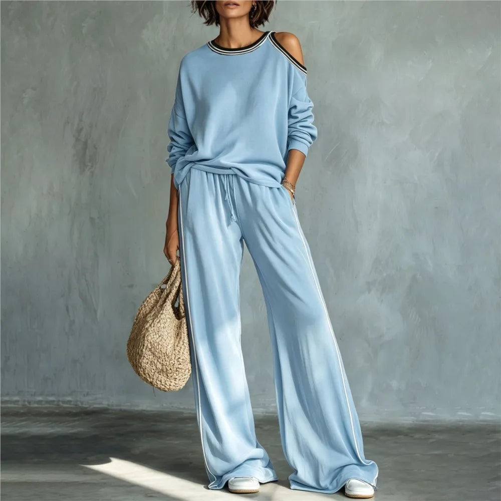Elegant Striped Two Piece Set for Women with Cold Shoulder Elastic Waist Plus Size Flowy Casual Style