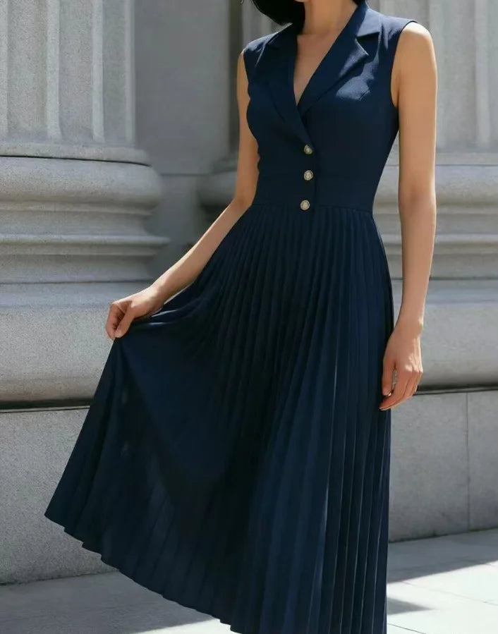 Hannah | Women's Collared Sleeveless Pleated Office Midi Button Front Dress