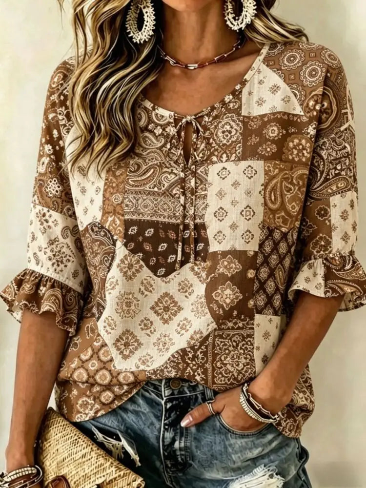 Lucy | Women's Paisley Tie Front Casual Flowy Blouse