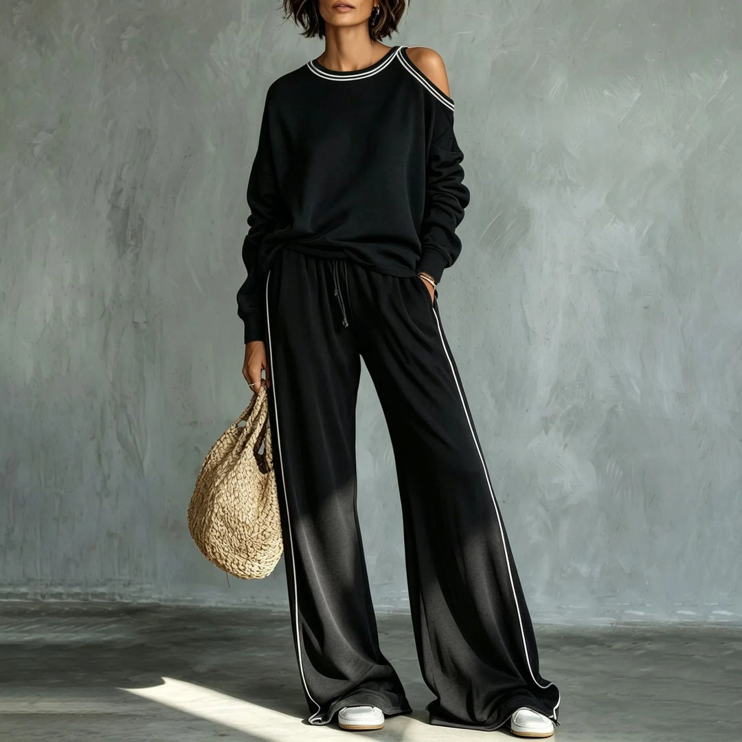 Elegant Striped Two Piece Set for Women with Cold Shoulder Elastic Waist Plus Size Flowy Casual Style