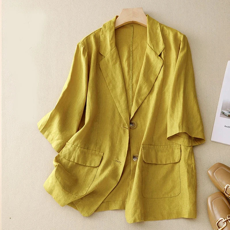 Stylish Linen Blazer for Women with Collared Pockets Plus Size Casual Style