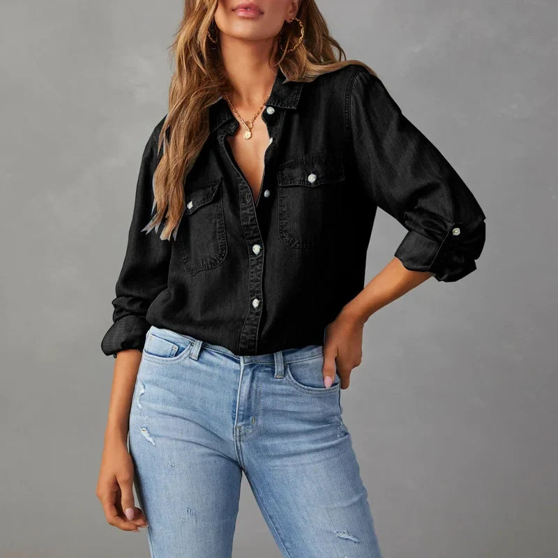 Katherine | Women's Denim Collared Pockets Casual Button Down Button Front Shirt