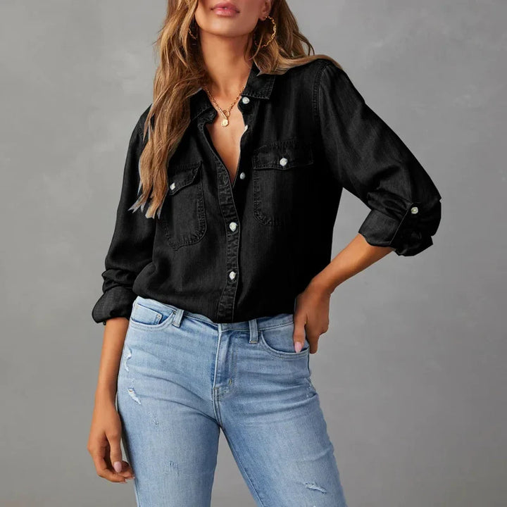 Katherine | Women's Denim Collared Pockets Casual Button Down Button Front Shirt