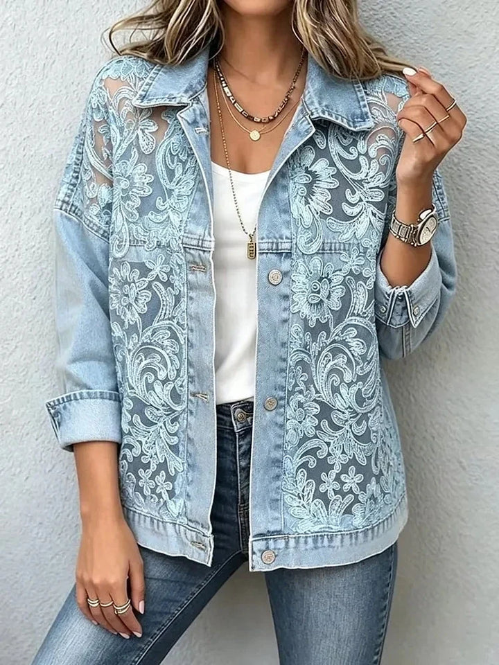 Hallie | Women's Blue Lace Collared Button Front Casual Denim Jacket